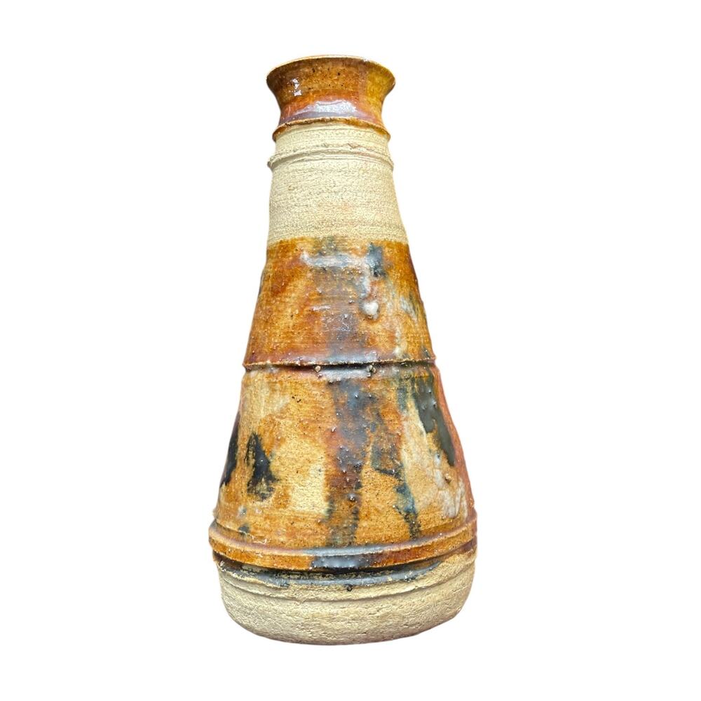 Vintage Studio Art Pottery Vase with Salt Glaze Brown and Yellow